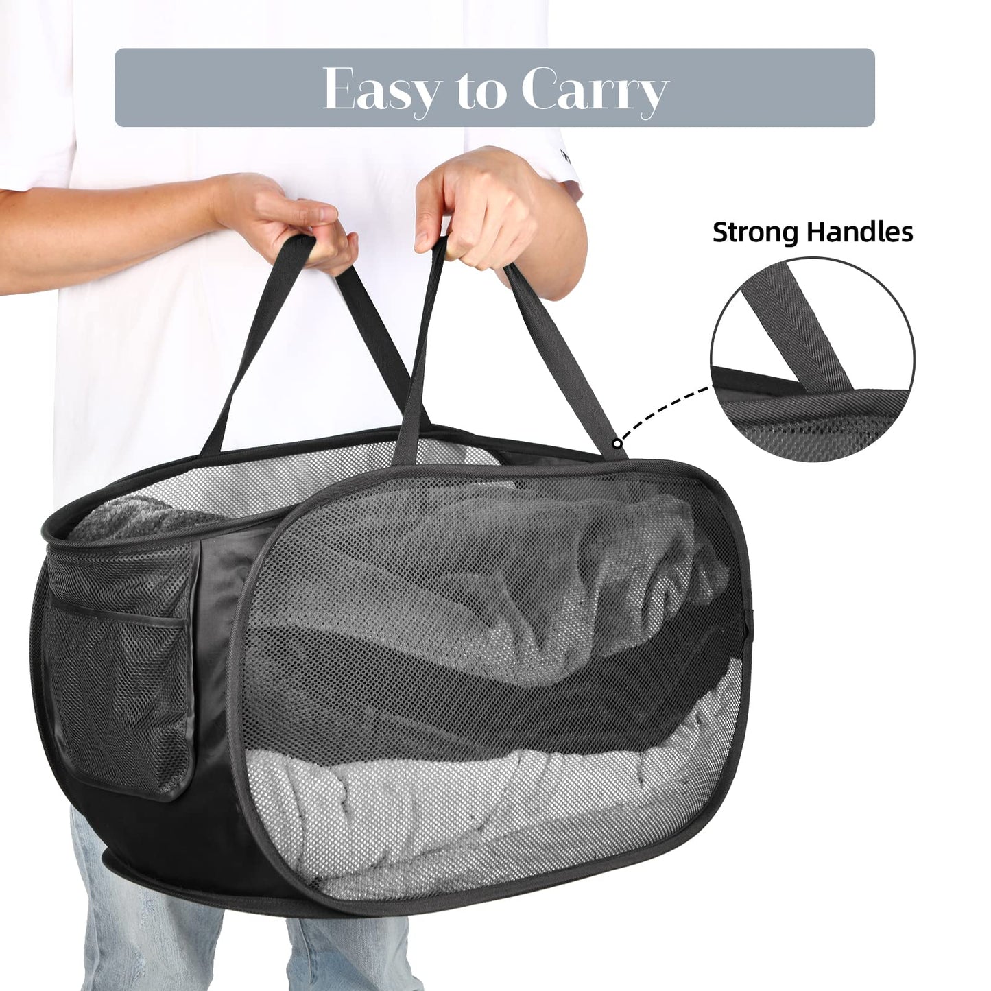 4 Pcs Durable Collapsible Laundry Baskets, Foldable Laundry Basket Large Opening, Pop Up Laundry Hamper with Pocket, Clothes Hamper with Handles for Laundry, Bathroom, Kids Room, Dorm or Trave