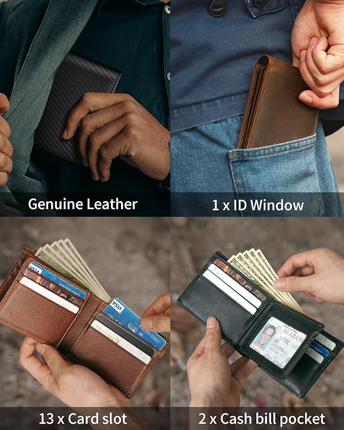 Artpaxy Mens Wallet Genuine Leather Bifold RFID Blocking Wallet for Men with 1 ID Window 13 Card Holders 2 cash pockets 1 Gift Box