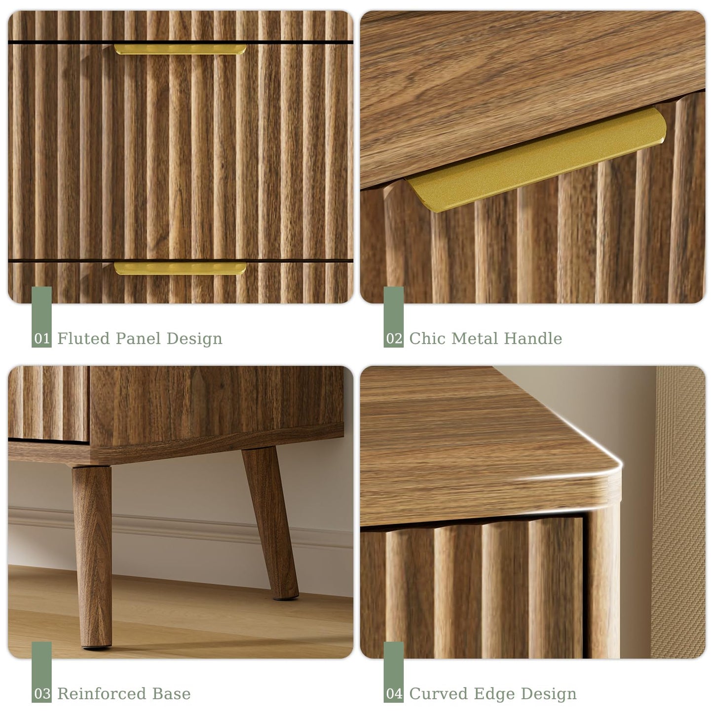 LYNSOM Fluted 5 Drawers Dresser, 45" Tall Modern Chest of Drawers with Curved Profile Design and Metal Handle, Wood Drawer Organizer for Bedroom, Living Room, Hallway, Entryway, Walnut