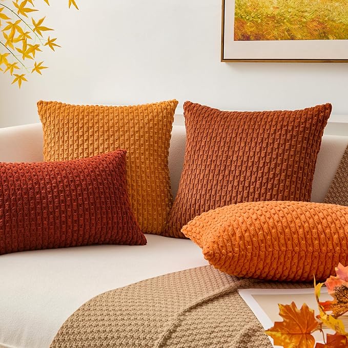 Kevin Textile Fall Throw Pillow Covers Soft Corduroy Decorative Set of 2 Boho Striped Pillow Covers Pillowcases Farmhouse Home Decor for Couch Bed Sofa Living Room 24x24 Inch Orange Yellow