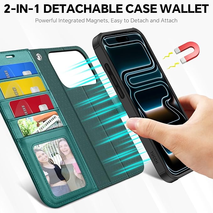 TUCCH 2-in-1 Removable Case Wallet for iPhone 17 Pro (6.3") 2025, Detachable Wrist Strap, 4 Card Holders RFID Blocking, Wireless Charging, Stand, Magnetic, PU Leather Shockproof Cover, Bluish Green