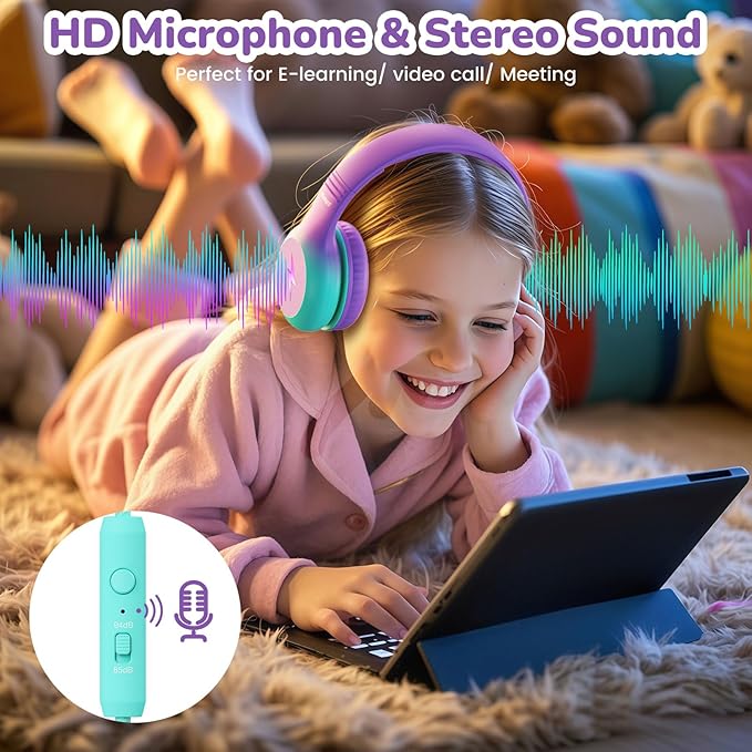 Kids USB C Headphones for School, 2025 Upgrade Safe Listening Wired Over-Ear Headphones with LED Lights, Volume Limiter & Microphone, Foldable Design for iPhone 16, iPad, Tablet (Green Purple)