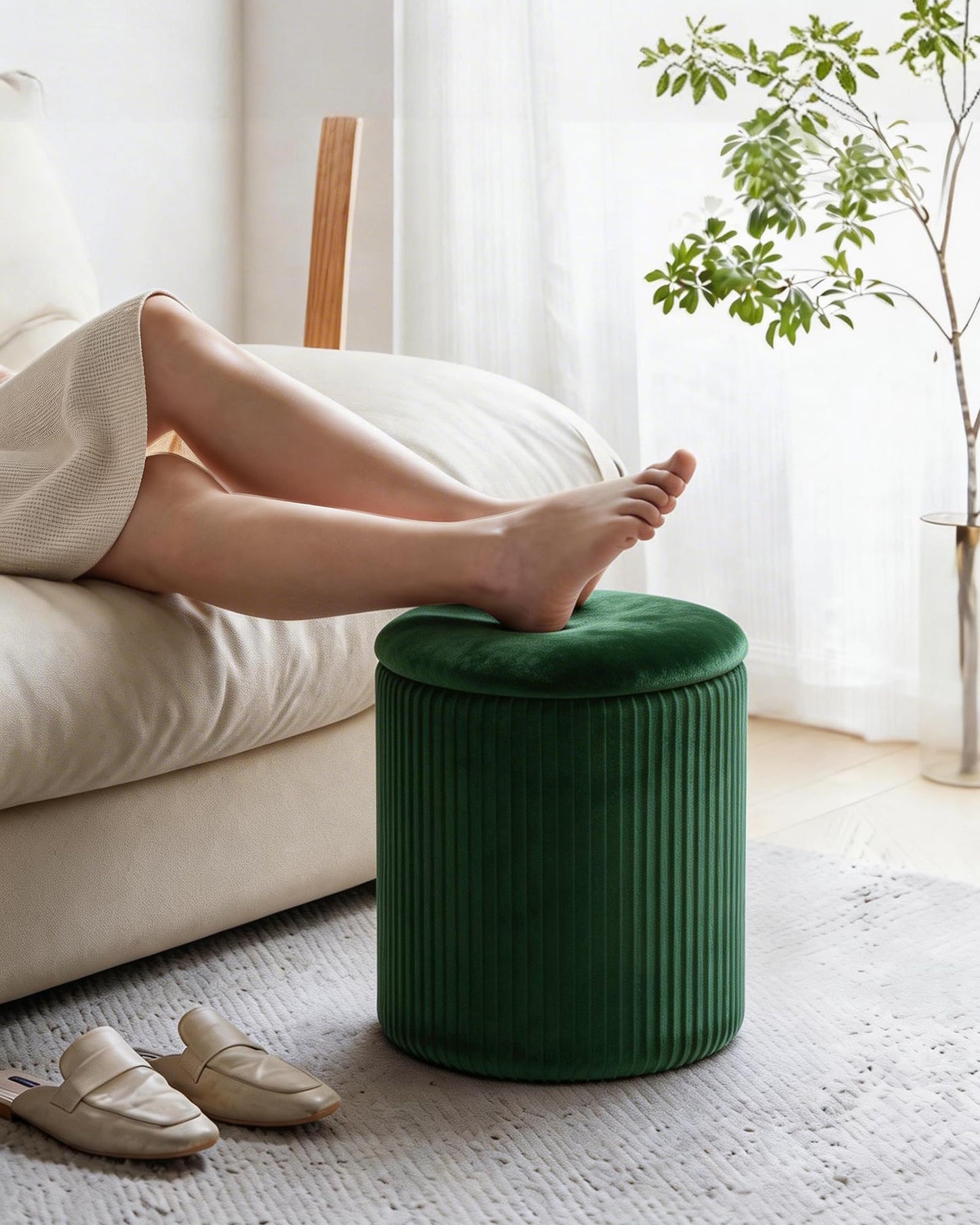 LITZFUR Round Ottoman with Storage,Velvet Upholstered Vanity Stool & Folding Foot Rest,Coffee Table for Living Room,Bedroom,Dark Green