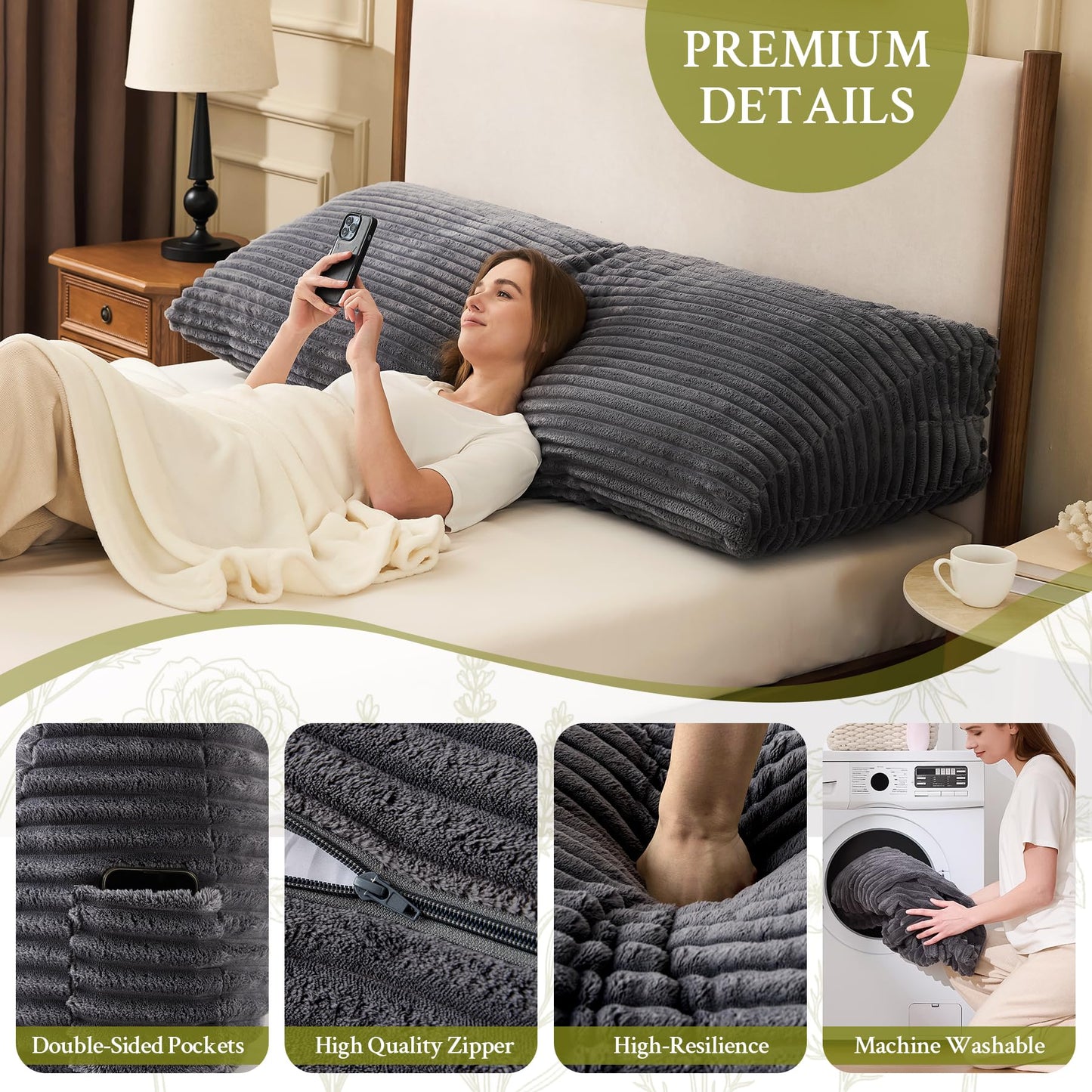 Zonamat Headboard Pillow Queen, Headboard Wedge Pillow, Back Rest Pillows for Sitting, Reading, Working, Triangle Pillow with Removable Cover, Daybed Pillows for Bed Dorm Sofa, Dark Grey