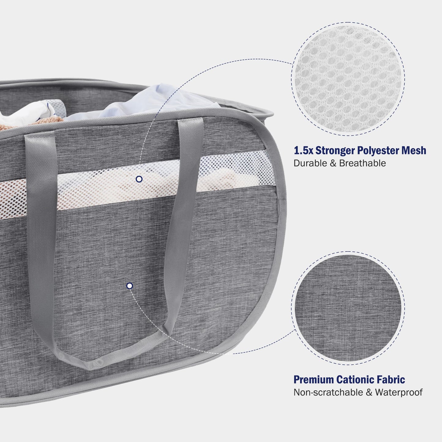 Collapsible Laundry Baskets, Foldable Tear Proof Pop Up Hamper with Reinforced Carry Handles, Durable Laundry Hamper for Home, Laundry, Bathroom, Dorm or Travel (Grey)