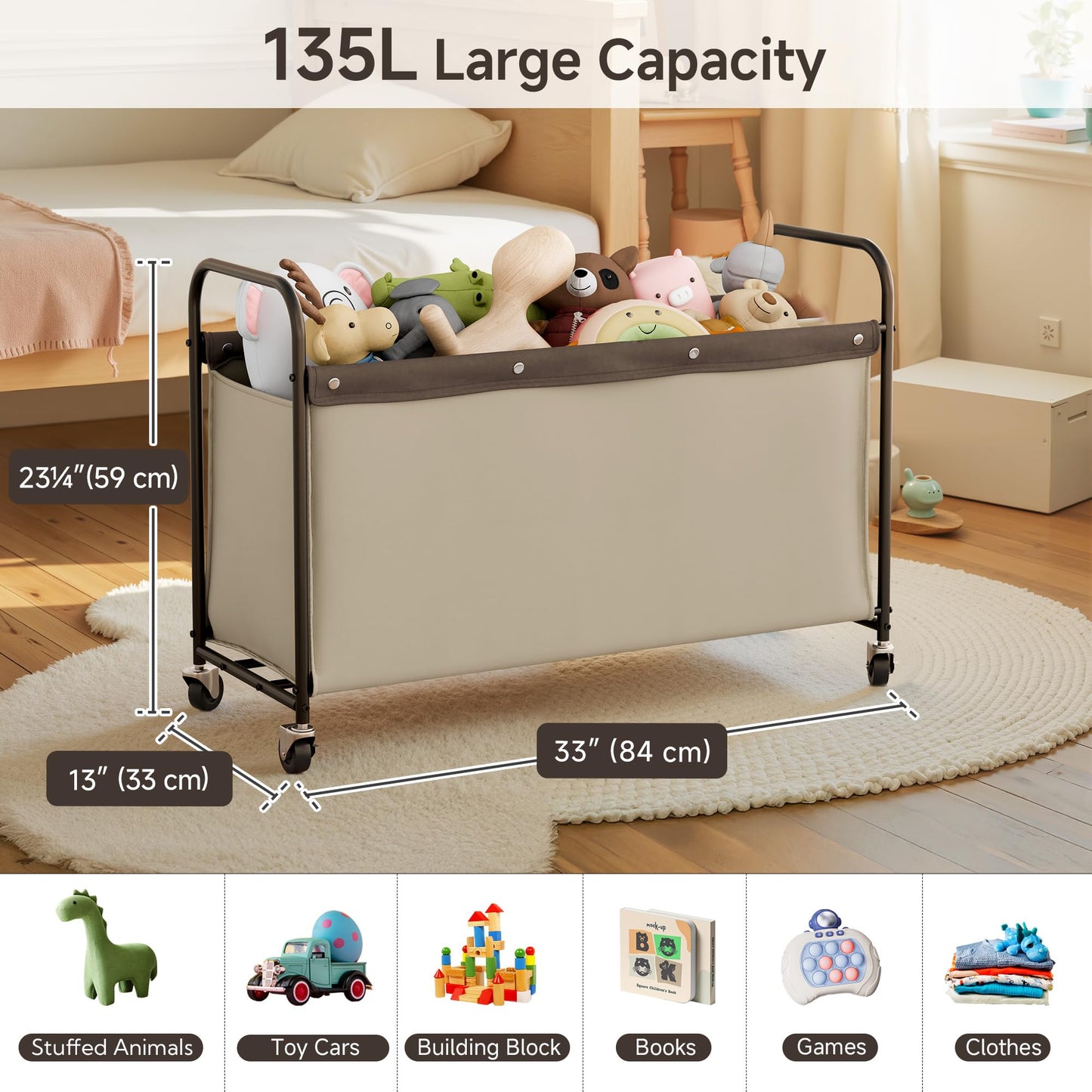 StorageWorks Toy Box with Wheels for Kids, 135L Large Toy Storage Chest and Organizer, 23" Metal Toybox with 360° Swivel Wheels for Bedroom, Kids Room, Stuffed Animal Storage, Light Khaki
