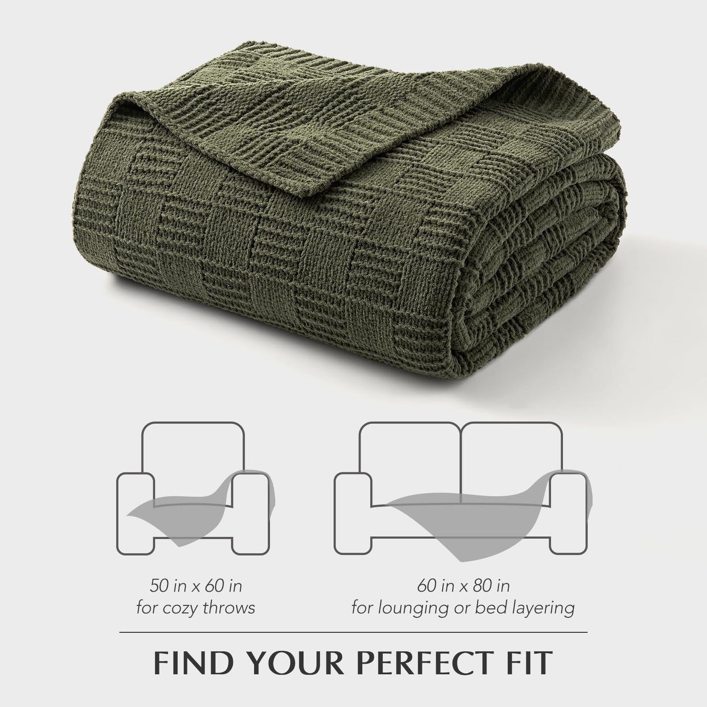 EVERGRACEHOME Modern Checkered Chenille Throw Blanket, Soft Cozy Plaid Knitted Chair Blanket for Sofa Couch, Decorative Knit Throw for Bed and Living Room, Olive Green, 50" x 60"