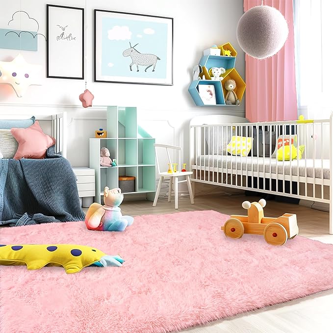 Super Fluffy Rug for Bedroom, 4x6 Shag Fuzzy Area Rug for Living Room Bedroom, Plush Soft Carpet for Girls Boys Kids, Non Slip Throw Rugs for Dorm, Modern Home Decor Aesthetic, Pink
