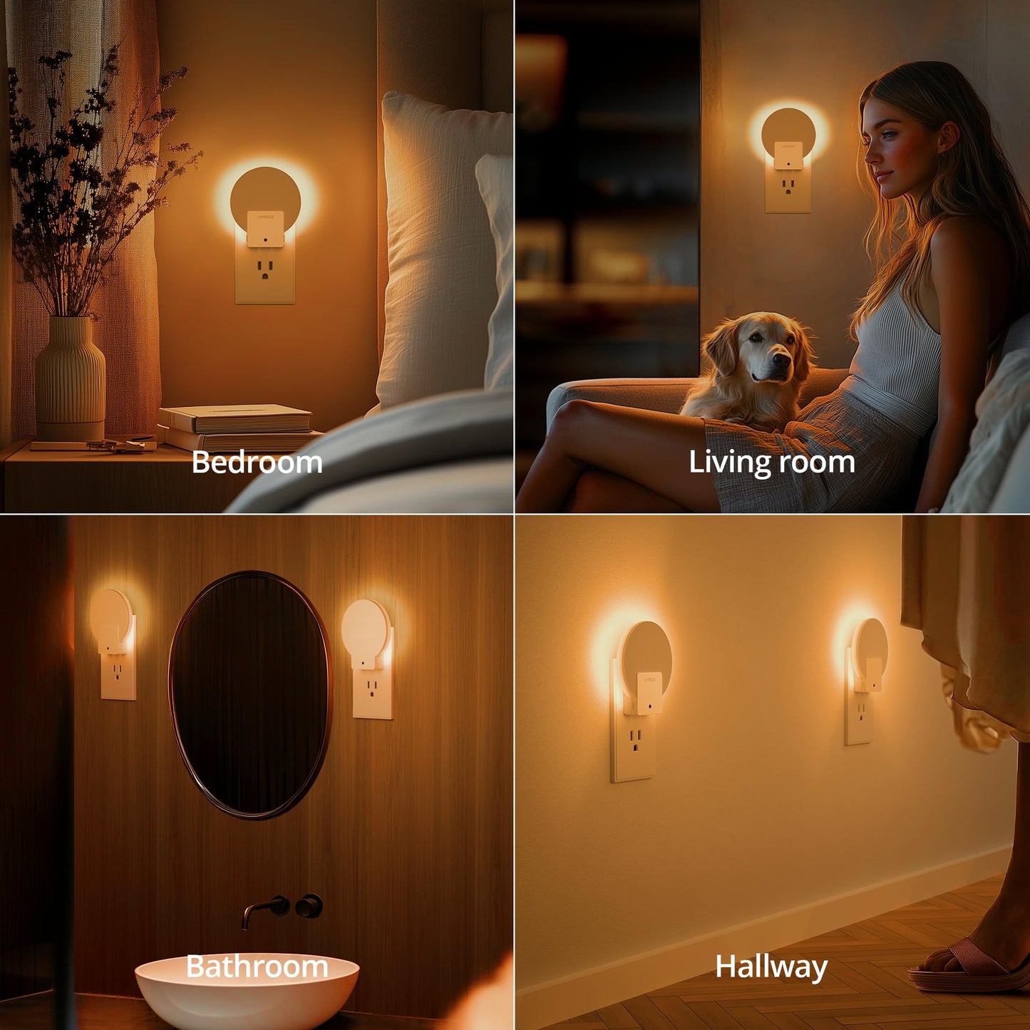 Lyridz Amber Plug in Night Light with Dusk to Dawn Sensor, Dimmable LED Light Sensor Nightlights for Bathroom, Hallway, Stairs, 4 Packs
