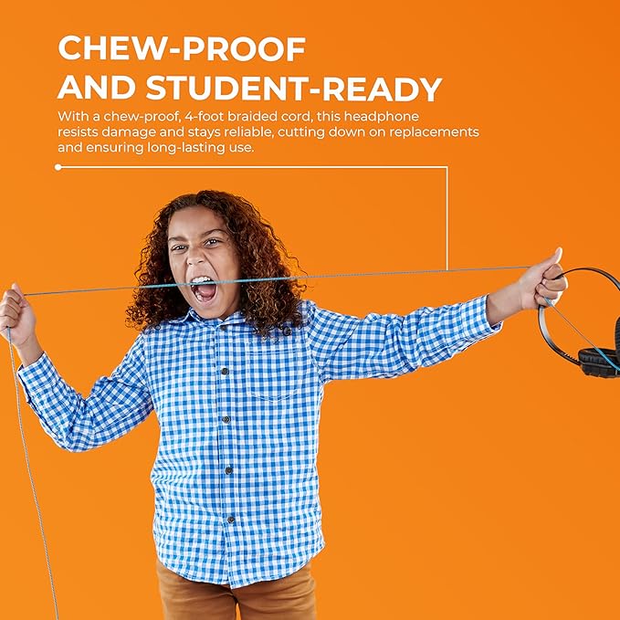 Gumdrop DropTech On-Ear Wired Headphones with 3.5 mm Jack and Long Tangle Free Chew-Proof Cord - Rugged, Reliable, Drop Tested and Comfortable for Kids, K-12 Students, Classroom and School Use - Black