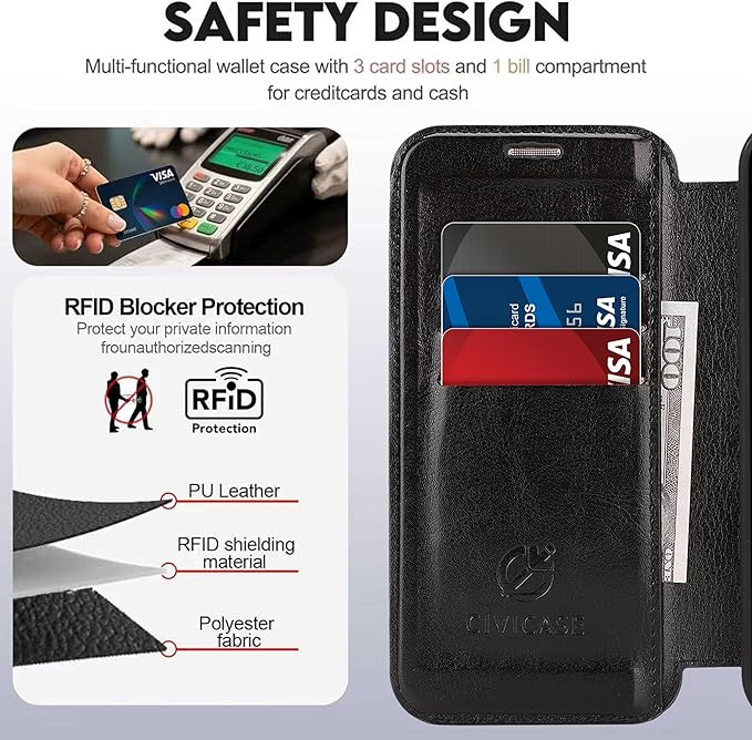 CIVICASE for iPhone 14 Pro Max Wallet Case with Stand,PU Leather Flip Credit Card Holder Slots (RFID Blocking),Compatible with Magsafe Magnetic Holder Phone Cover Women Men,Black