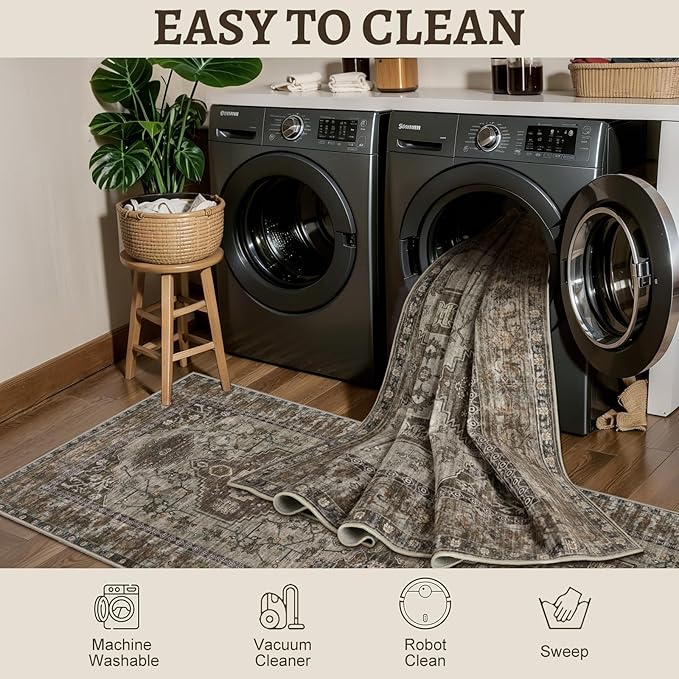 Tangsoo 3x5 Washable Rugs Oriental Area Rug, Vintage Non Slip Indoor Accent Rug, Print Distressed Grey Carpet, Soft Low Pile Rug for Living Room Dining Bedroom Bedside Entryway