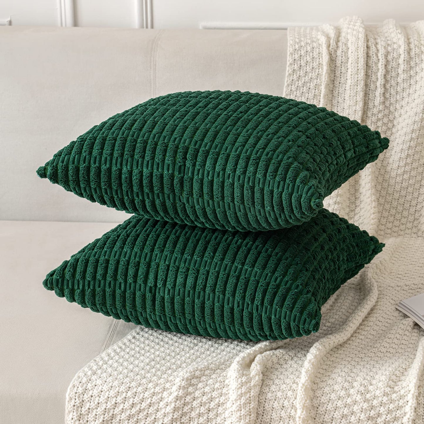 MIULEE Pack of 2 Dark Green Corduroy Decorative Pillow Covers 20x20 Inch Soft Boho Striped Throw Pillow Covers Modern Farmhouse Home Decor for Sofa Living Room Couch Bed