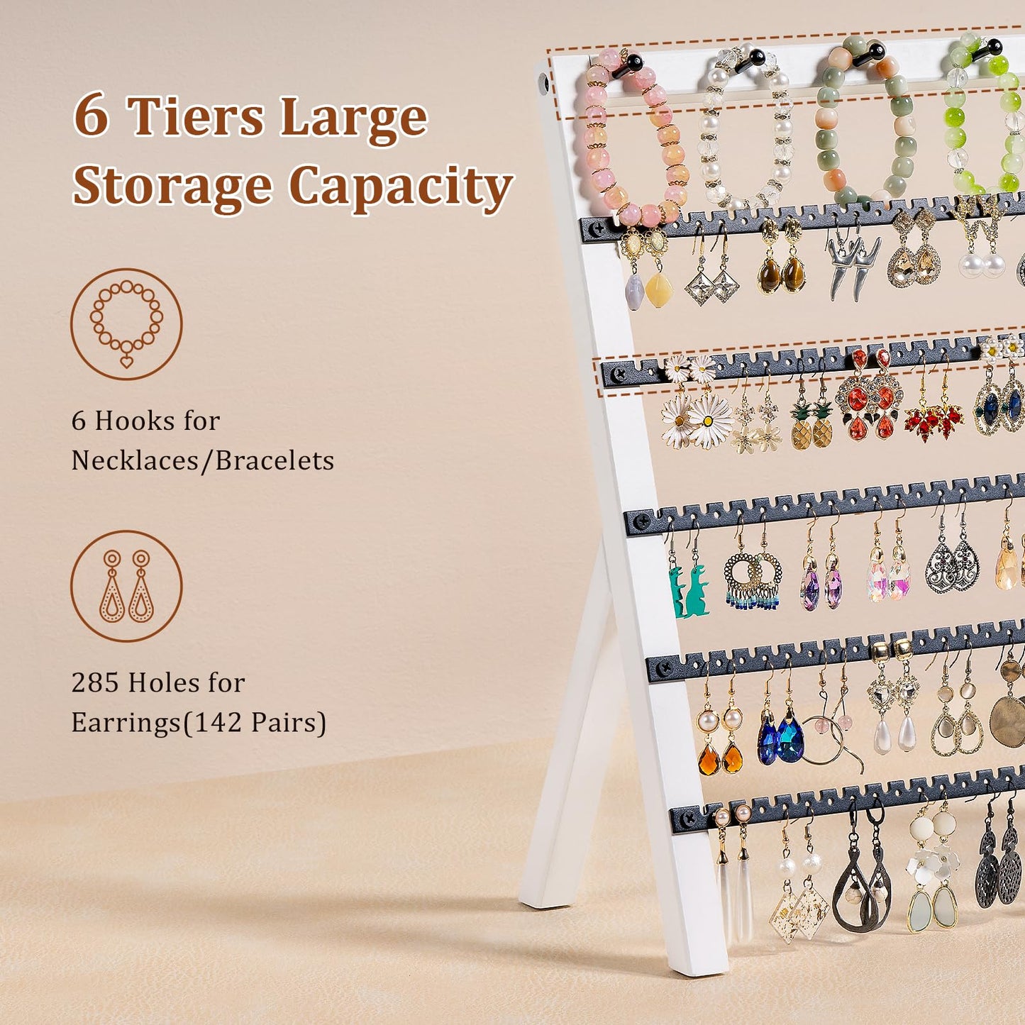Emfogo Earring Holder Organizer, 6 Tier Earring Display Stand with 285 Holes & 6 Bracelet Rods, Rustic Wood Jewelry Organizer for Earring Bracelet Necklace Ring, Gifts for Women (White)