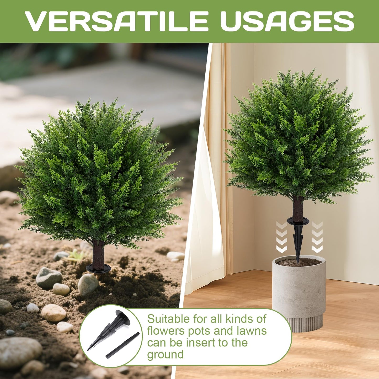 Artificial Cedar Topiary Ball Tree 23" with Ground Spike, Set of 2 Artificial Boxwood Bushes for Faux Shrubs, Fake Evergreen Faux Plant for Indoor Outdoor Porch Garden- UV Resistant – Fade-Proof