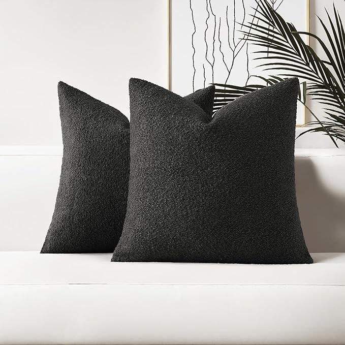 HAUSSY Set of 2 24x24 Decorative Throw Pillow Covers, Soft Cozy European Pillow Shams Textured Boucle, Home Decor for Couch Bed Living Room, Black
