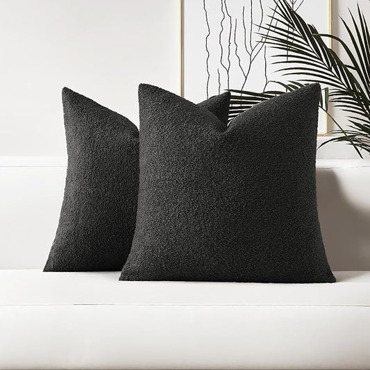 HAUSSY Set of 2 24x24 Decorative Throw Pillow Covers, Soft Cozy European Pillow Shams Textured Boucle, Home Decor for Couch Bed Living Room, Black