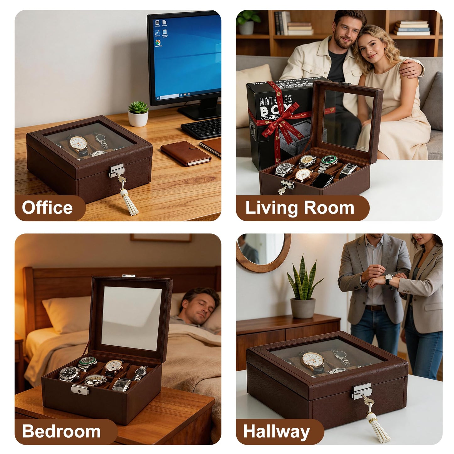 Hit design Watch Box Watch Cases for Men,6 Slot Brown Watch Case Organizer Storage Box,Leather Display Holder for Watches,Mens Watch Box for Collection,Anniversary Birthday Gift for Men Women