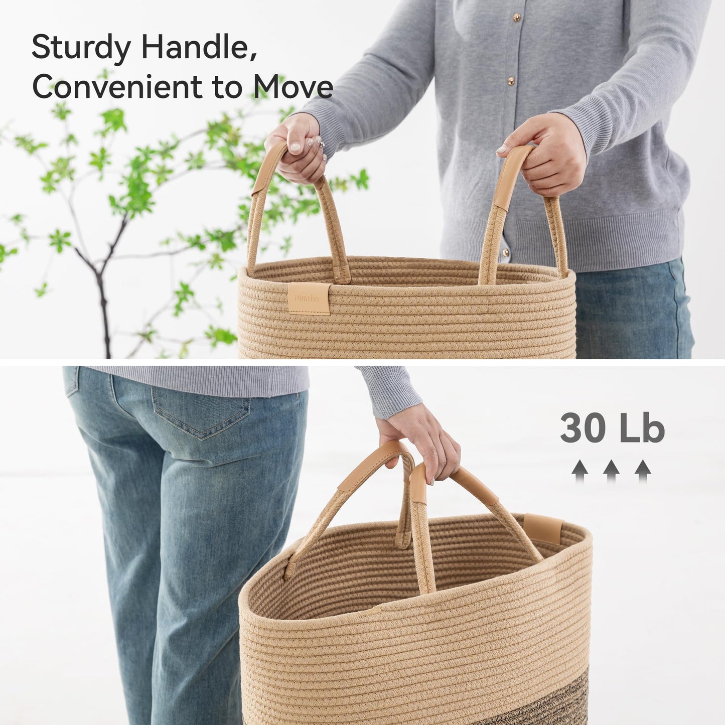 Nunsino 95L Striped Laundry Hamper with Leather Handles,Large Foldable Laundry Basket for Clothes,Cotton Rope Storage Bin for Blankets,Woven Clothes Basket for Bedroom,Dark Brown Stripes