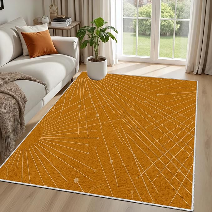 Modern Washable Area Rug 2x3, Boho Minimalist Non-Slip Rugs, Abstract Striped Soft Carpet for Living Room Bedroom Nursery Room Home Decor Office, Pet Friendly, Orange Beige