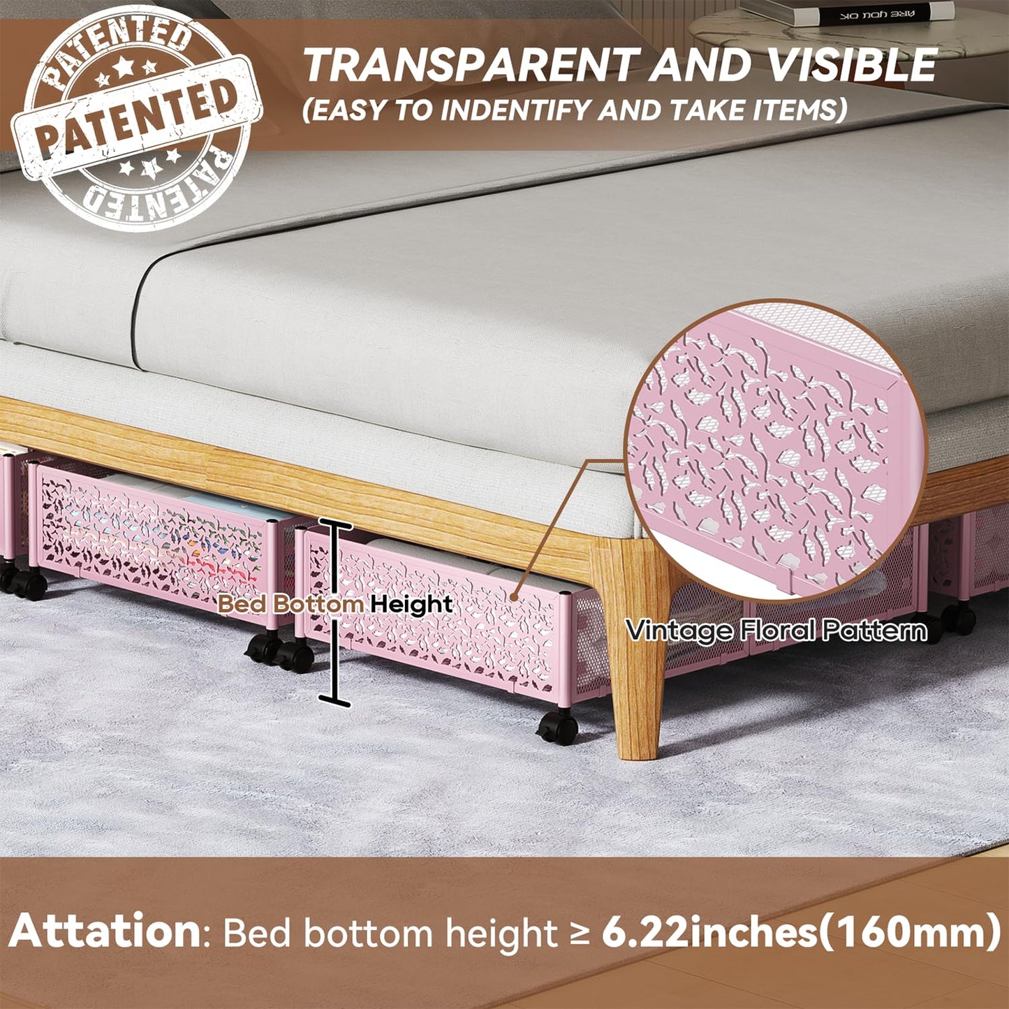 PHINOX Under the Bed Storage Containers with Wheels, Under Bed Storage, Under Bed Shoe Storage Organizer Drawer, Tool-free Assembly Metal Underbed Storage Containers -Pink