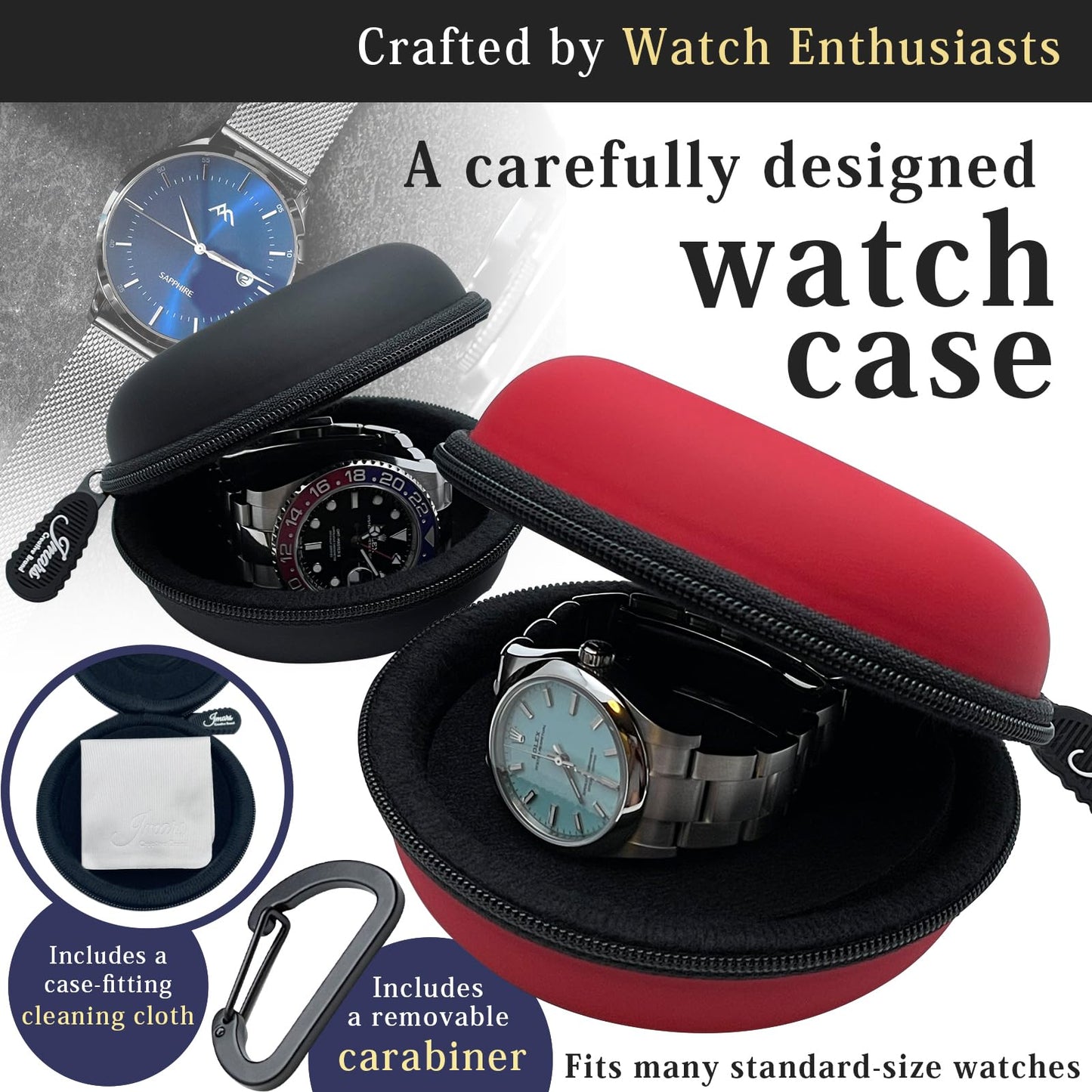 JMARS Watch Travel Case, Shock-Tested Single Watch Case for Wristwatches & Smart Watches, Leather Black