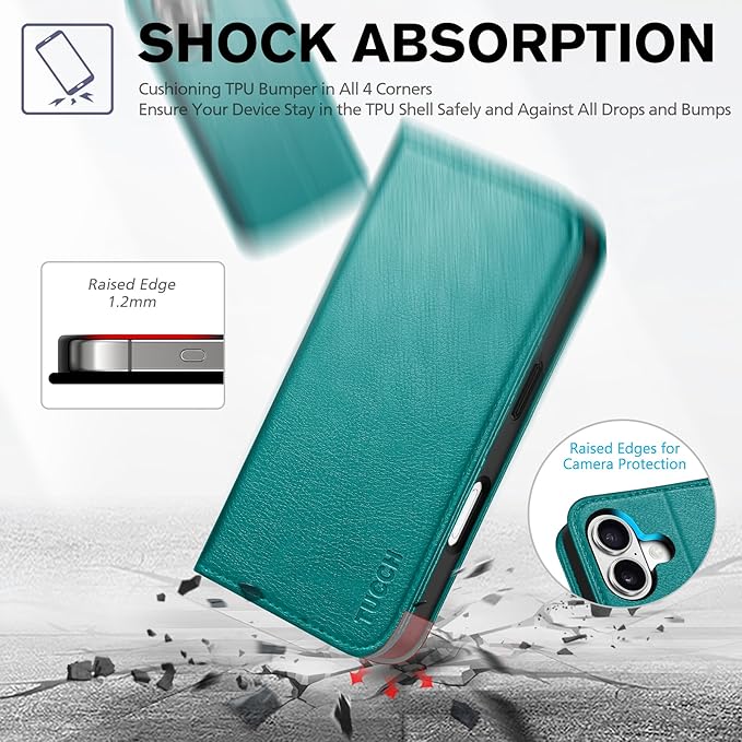 TUCCH Case Wallet for iPhone 17 (6.3-Inch) 2025, 3 Card Slots | Kickstand | RFID Blocking | PU Leather | Protective Flip Folio Cover | TPU Shockproof Interior Shell | Cyan