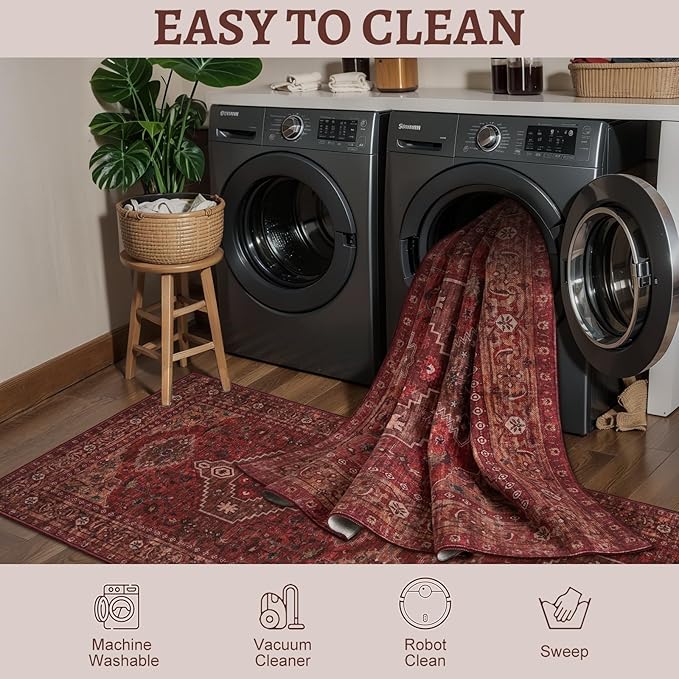 Tangsoo 5x7 Area Rug Washable Rug for Living Room, Vintage Indoor Non Slip Large Area Rugs, Print Distressed Carpet, Soft Low Pile Foldable Floor Rug for Bedroom Dining Room Dorm Dark Red