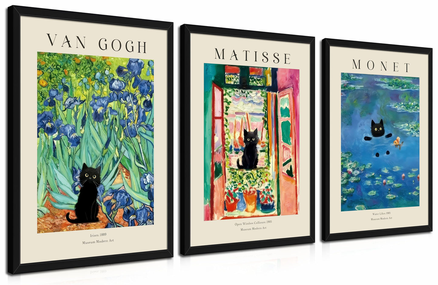 Wood Framed Monet Wall Art Set of 3 - Van Gogh Black Cat Flower Field Canvas Paintings Prints, Matisse Abstract Black Cat Aesthetic Pictures for Room Bedroom Living Room Bathroom 12x16 in