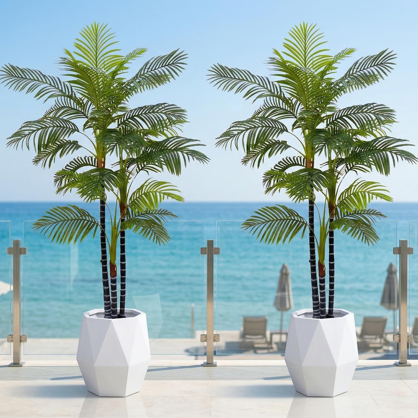 Joyplants 7FT Artificial Palm Tree Set of 2, UV Resistant Fake Areca Palm with Black Planter, Triple Trunk Large Silk Faux Palm Tree Indoor Outdoor House Office Poolside Decor