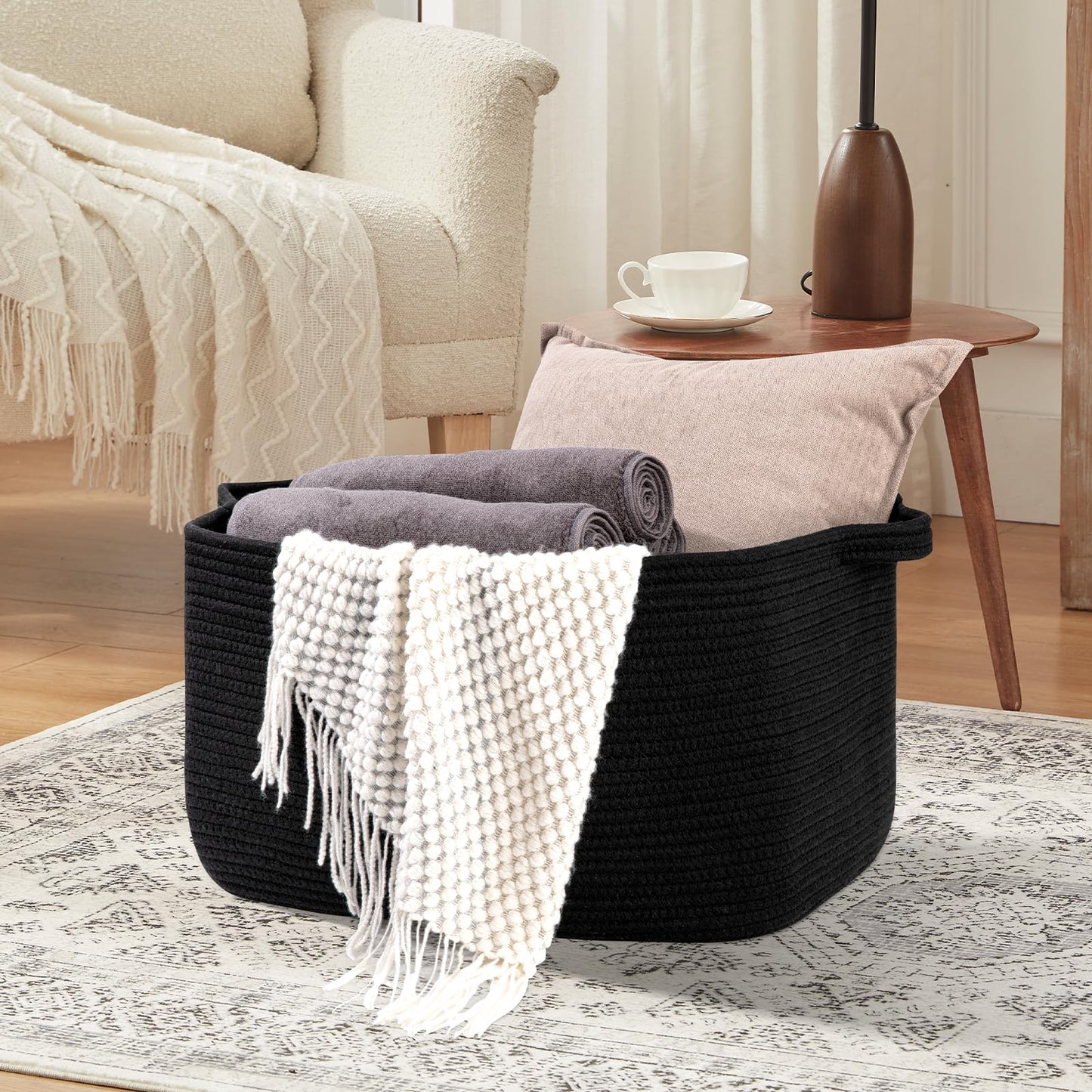 OIASKET Large Blanket Basket, Black Blanket Storage Living Room, Rectangle Woven Baskets for Storage Toys, Towels, Dirty Clothes Organizer Bins (Black)