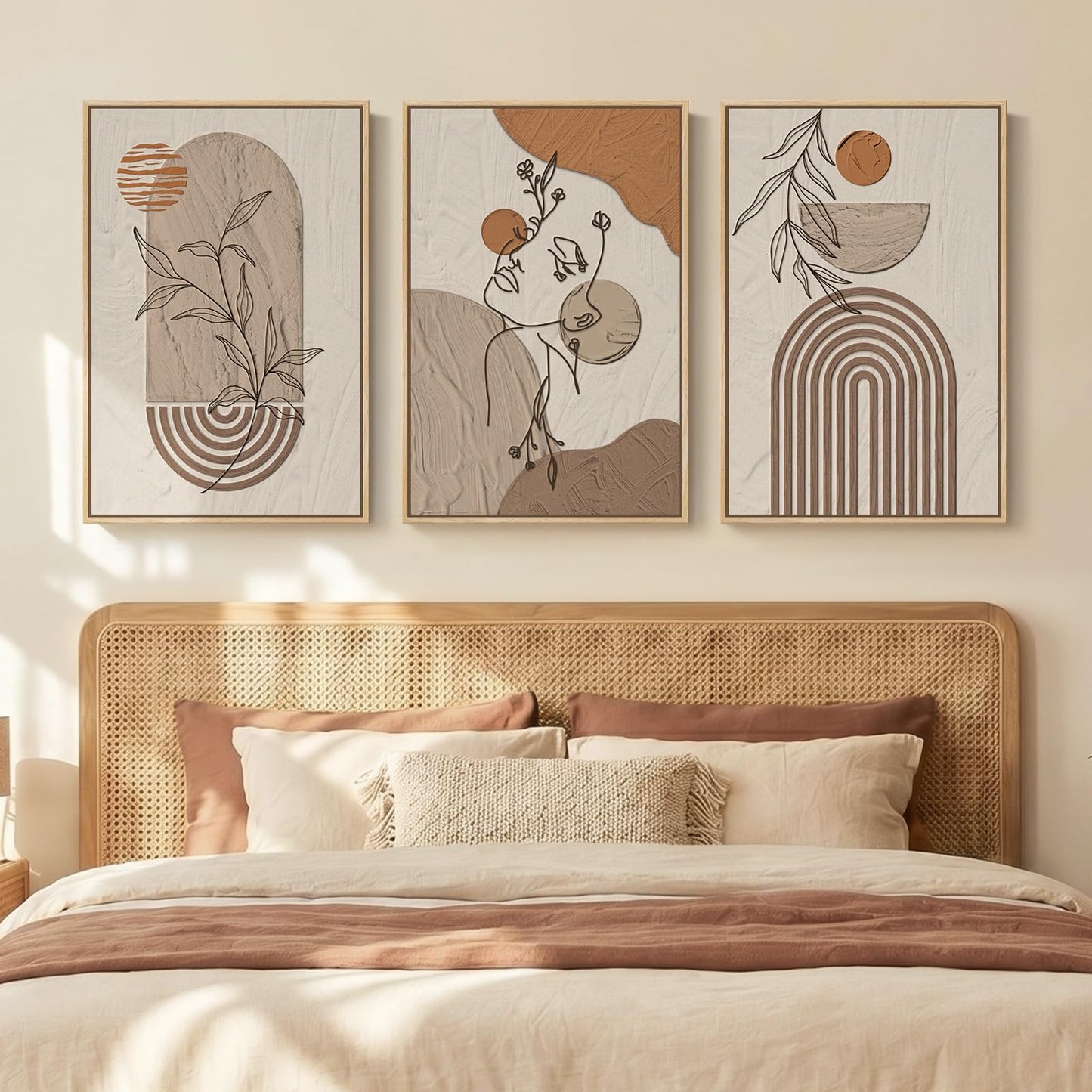 Framed Earth Tone Boho Abstract Wall Art Bedroom, 3 Piece Neutral Modern Bohemian Paintings Prints Canvas Artwork for Walls, Boho Triptych Pictures for Living Room Home Office Wall Decor, 16x24 Inch