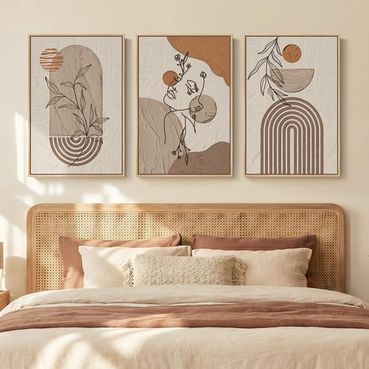 Framed Earth Tone Boho Abstract Wall Art Bedroom, 3 Piece Neutral Modern Bohemian Paintings Prints Canvas Artwork for Walls, Boho Triptych Pictures for Living Room Home Office Wall Decor, 16x24 Inch