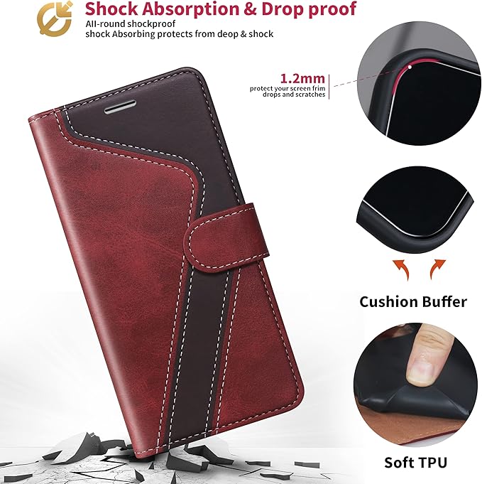 CIVICASE iPhone 12/iPhone 12 Pro Wallet Case, Leather Flip Case [RFID Blocking] Credit Card Holder Folio Magnetic Stand TPU Shockproof Cover Red, Red Brown