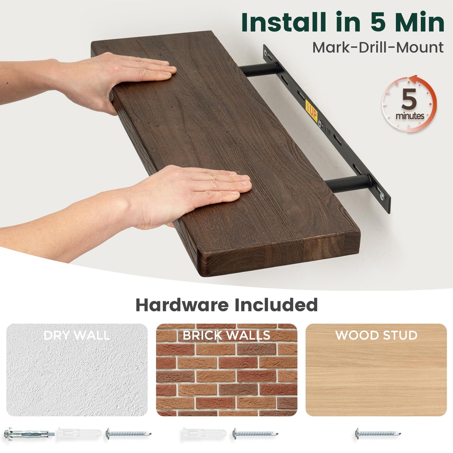 KovaScape 24 Inch Flat Edge Floating Shelves, 8 Inch Deep Solid Elm Wood Wall Shelf, Heavy-Duty Wall Mounted Shelf with Invisible Brackets for Living Room, Bathroom, Kitchen, Set of 2, Walnut Color