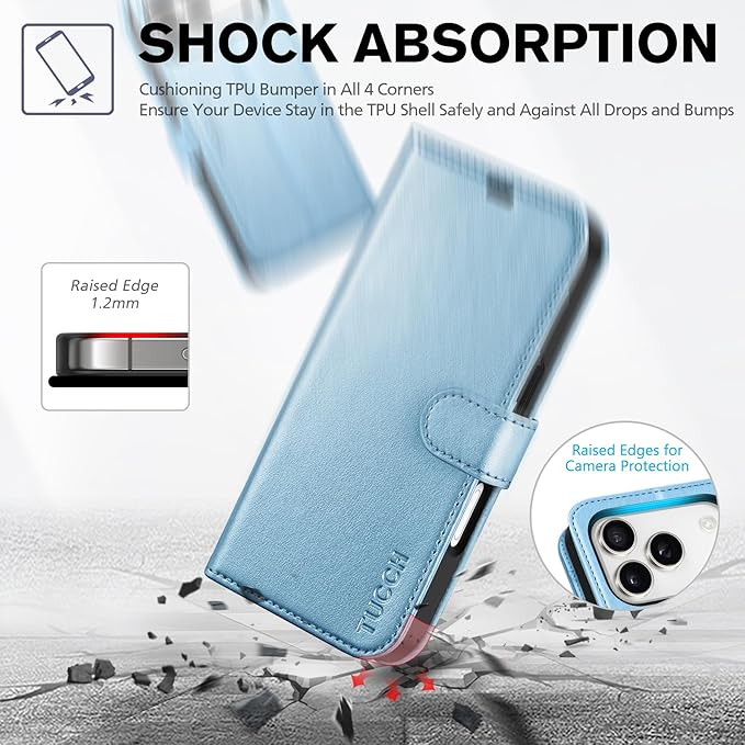 TUCCH Case Wallet for iPhone 17 Pro (6.3-Inch) 2025, RFID Blocking 4 Card Slots, Kickstand, Magnetic Closure, PU Leather, Shockproof TPU Shell, Protective Flip Cover, Pearly Light Blue