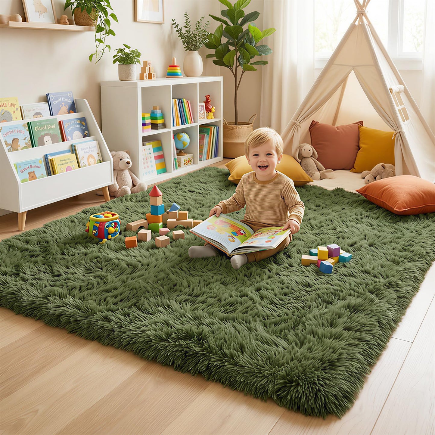 Amdrebio Olive Green Rugs for Bedroom Living Room, Fluffy Shaggy Modern Area Rug 4x6 for Girls Boys Kids Room Decor, Soft Plush Fuzzy Furry Cool Carpet for Nursery Classroom Dorm Playroom Apartment
