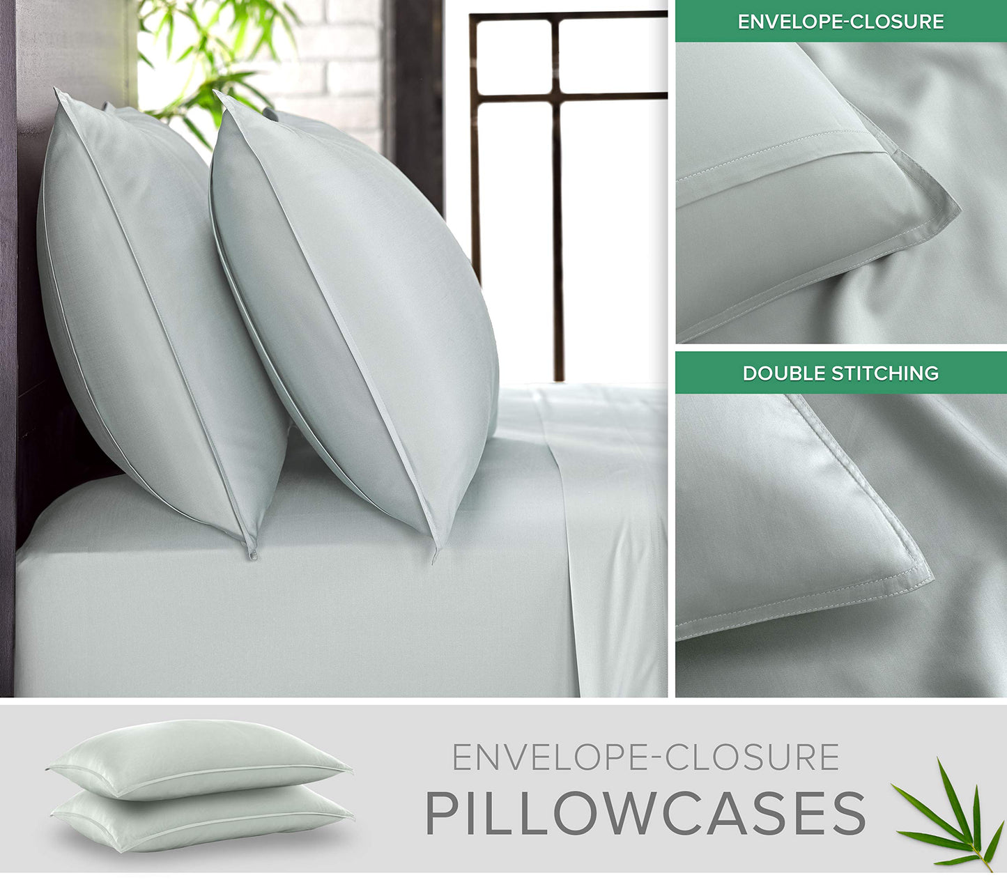 Pure Bamboo Queen Sheets, Genuine 100% Organic Viscose Derived from Bamboo Bed Sheet Set, Luxuriously Soft & Cooling, Double Stitching, 2 Year Quality Promise (Queen, Sea Glass)