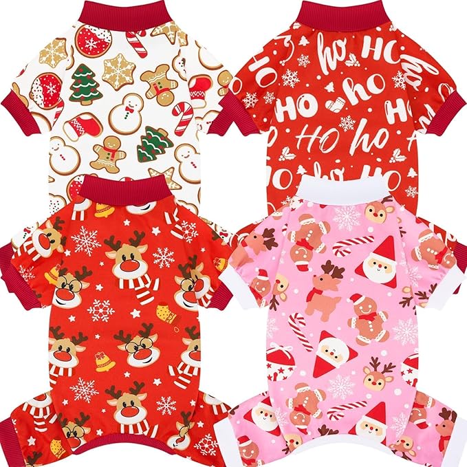 XPUDAC 4 Pack Christmas Dog Pajamas Comfy Dog Clothes for Small Medium Dogs Girl Boy Holiday Pet Outfit Puppy Onesie Cat Pjs Jammies, 3XL