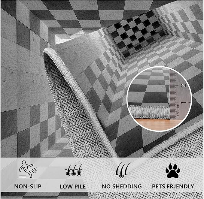 3D Rug 6x8, Plaid Soft Ultra Soft Faux Wool Low Pile Optical Illusion Rug, Indoor Floor Mats Abstract Geometric Carpet, Non-Slip Stain Resistant Washable Rugs, Modern Gray Rugs for Living Room