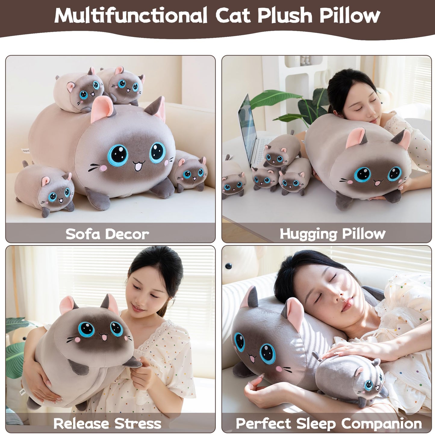 Gudisi Siamese Cat Plush Stuffed Animals with 4 Kitties Plushies,16" Soft Jumbo Pillow Gifts for Kids Him Her Girlfriend Boyfriend