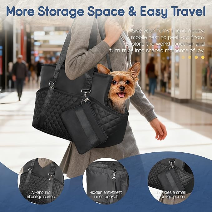 YUDODO 4-12lbs Dog Tote Bag for Women, Lightweight Small Dog Purse Carrier with Treat Pouch & Safety Clip, Large Pockets Pet Shoulder Handbag for Travel, Outing, Vet, Black, Purse+Treat Pouch