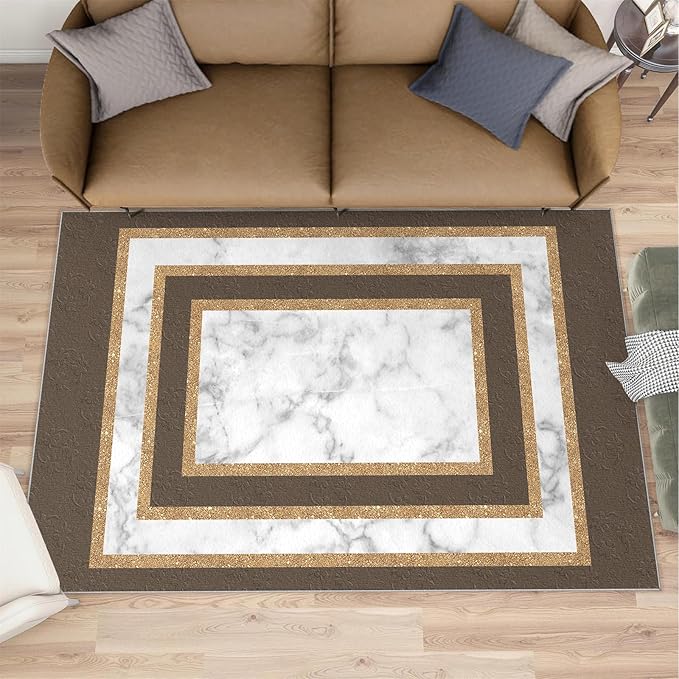 Marble Texture Area Rugs Rectangular Geometric Rug Gray White Marble Carpet Luxury Rug with Gold Accents Modern Minimalist Geometric Rugs for Bedroom Living Room 6x8ft