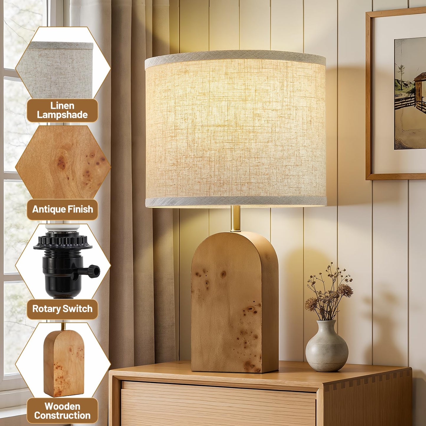 Table Lamps Set of 2 - 19" Wood Farmhouse Bedside Lamp with Adjustable Color Temperatures - Modern Rustic Linen Lampshade Nightstand Lamps for Bedroom Living Room Office, Bulbs Included, Natural