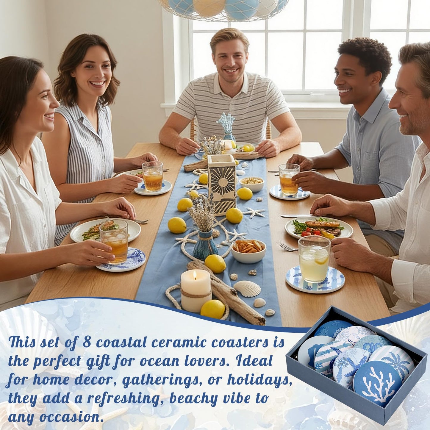 Remerry Coastal Coasters for Drinks Set of 8 Ceramic Stone Round Absorbent Coasters with Cork Base Beach Starfish Sea Ocean Life Decorations for Table Coffee Kitchen Bar Housewarming Gifts 4 Inches