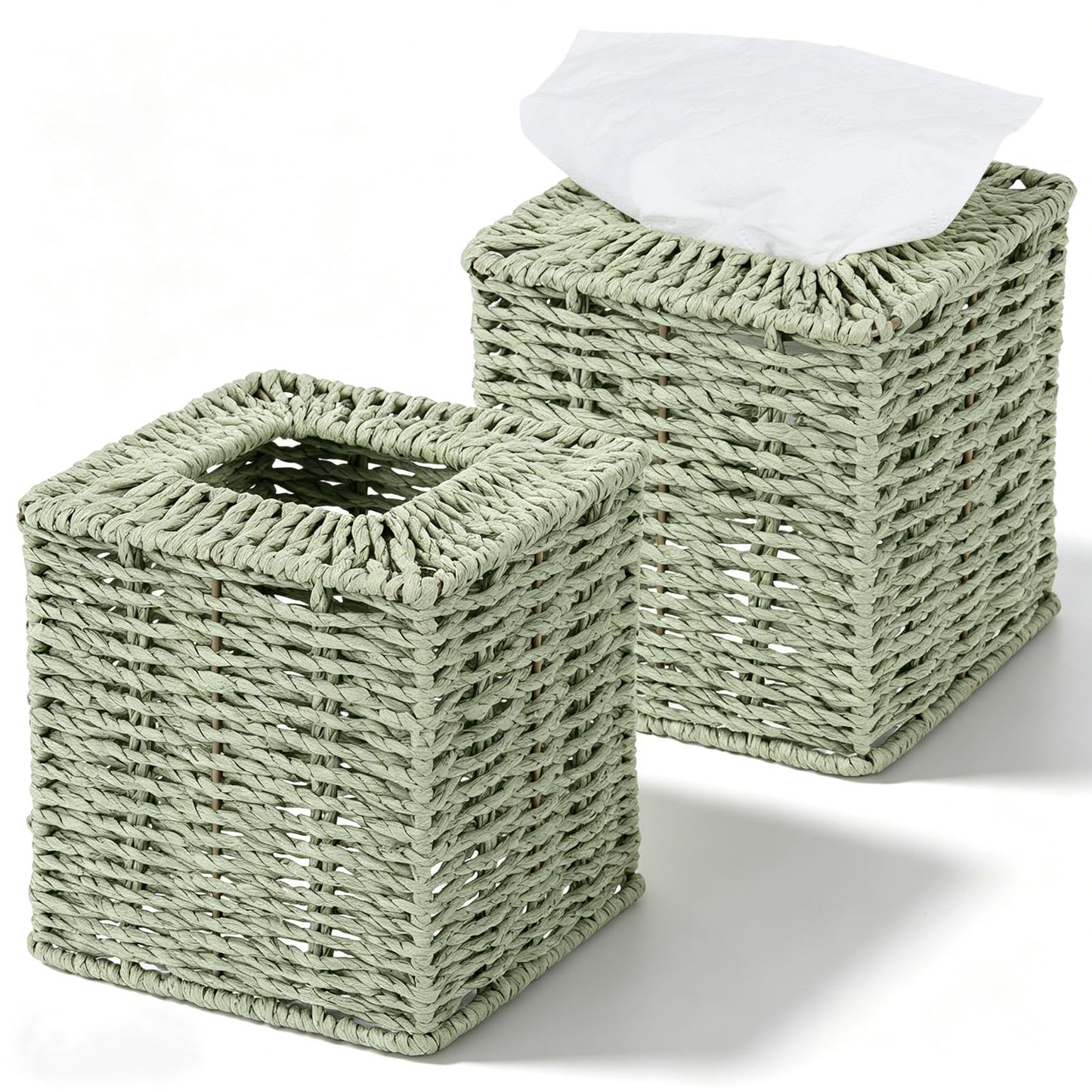 2 Pack Sage Green Tissue Box Cover Decorative Square Boho Natural Paper Rope Hand Woven Tissue Box Holder for Bathroom Bohemian Desk Bathroom Dresser Living Room Office Storage Container