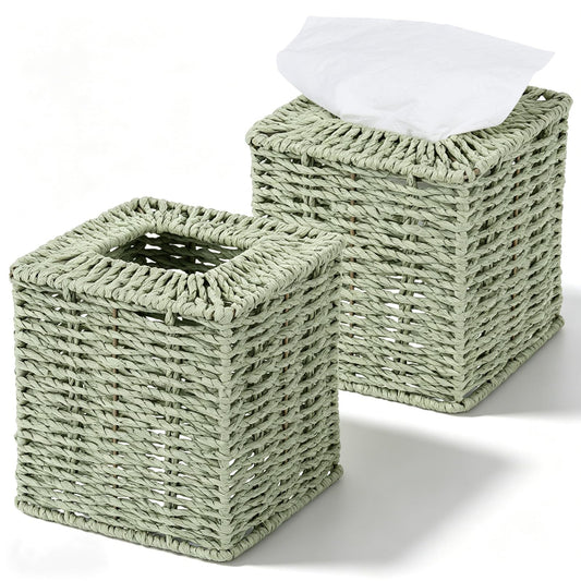 2 Pack Sage Green Tissue Box Cover Decorative Square Boho Natural Paper Rope Hand Woven Tissue Box Holder for Bathroom Bohemian Desk Bathroom Dresser Living Room Office Storage Container
