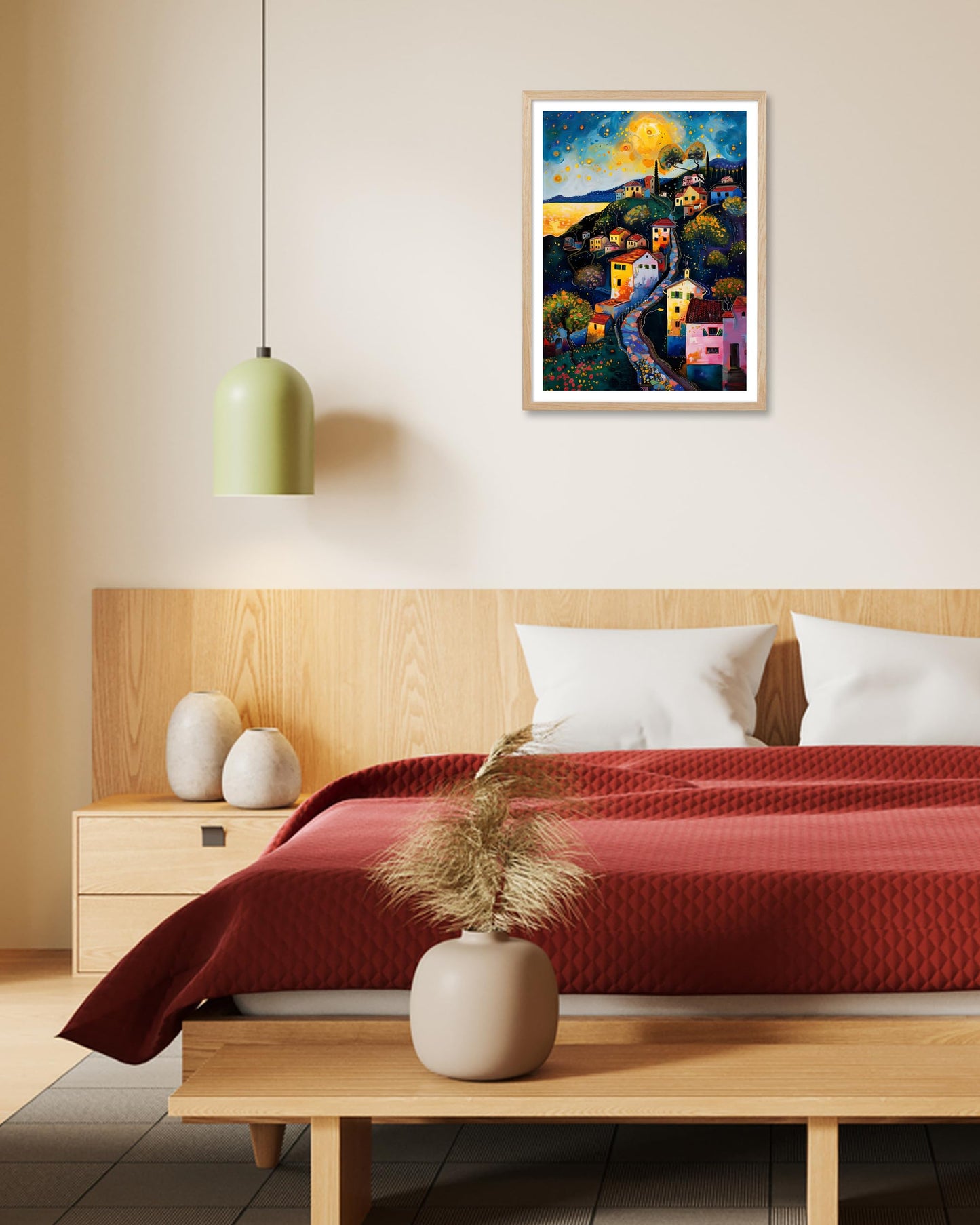 HesenDot Night Village Framed Wall Art,12x16in Natural OAK Wood