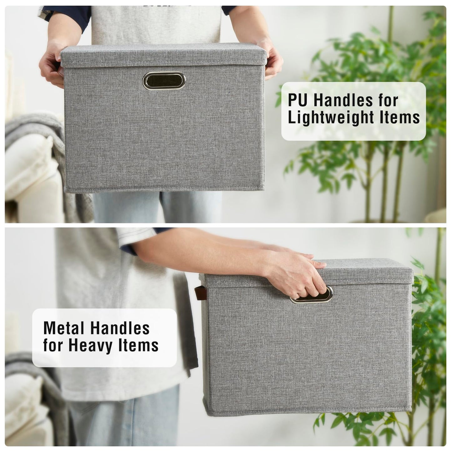 Roobyl 17" Large Collapsible Storage Bins with Lids, Stackable Closet Organizers with PU Handle and Labels, 3-Pack Decorative Fabric Storage Boxes for Home, Bedroom, Closet, Office, Nursery(Gray)