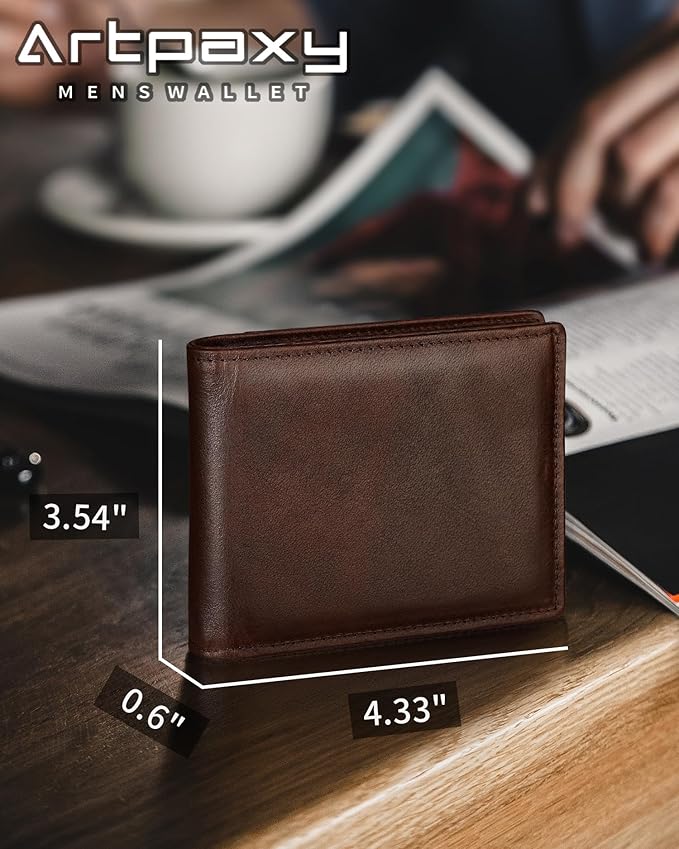 Artpaxy Mens Wallet Genuine Leather Bifold RFID Blocking Wallet for Men with 1 ID Window 13 Card Holders 2 cash pockets 1 Gift Box
